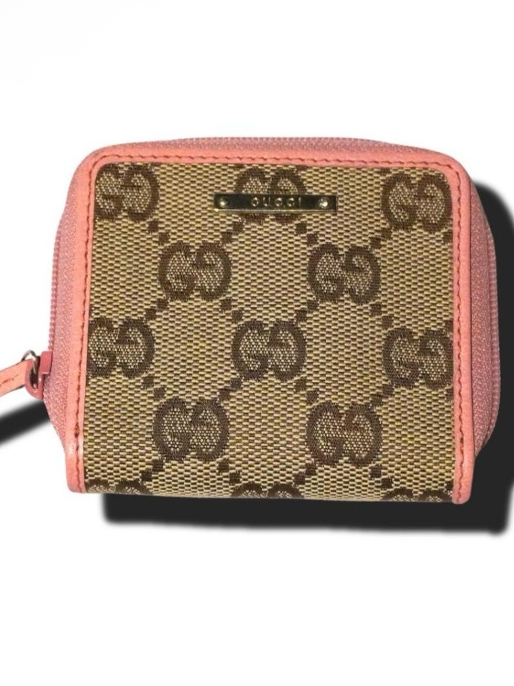 Gucci Beige Brown GG Canvas Wallet with Pink Trim